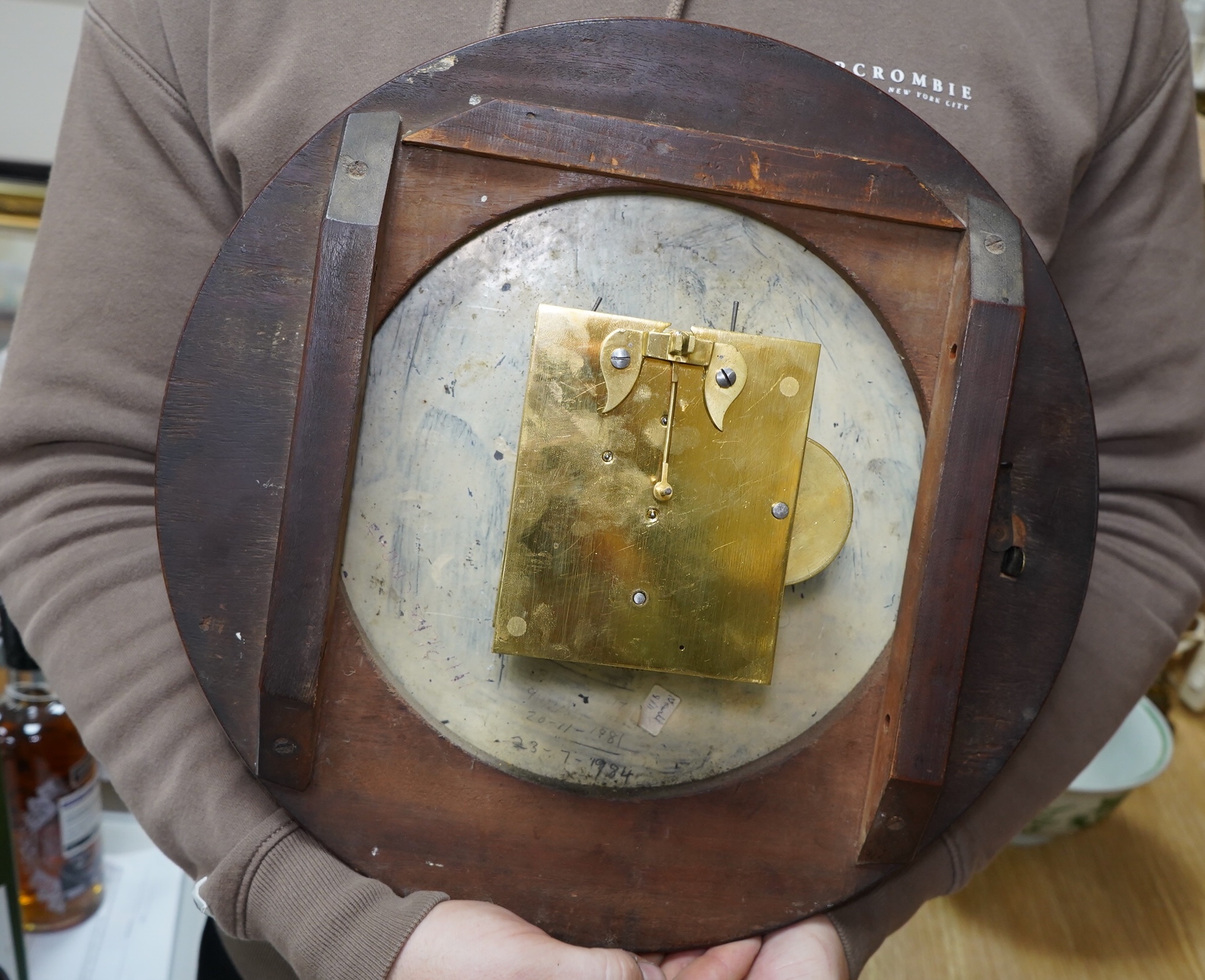 A Victorian mahogany circular dial wall timepiece, single fusee movement, 38cm diameter. Condition - fair, not tested